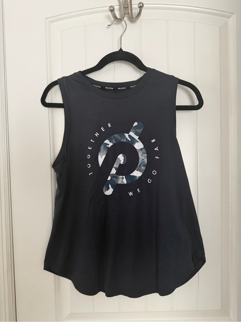 Peloton Women's Navy Muscle Tank with Blue Camo Logo